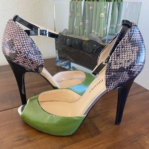 Audrey Brook green heels with snake skin and silver accents. Size 8M